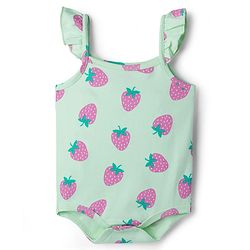 Babyhug 100% Cotton Knit Frill Sleeves Onesies with Headband & Strawberry Print - Sea Green