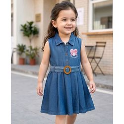 Babyhug Woven Sleeveless Denim Frock With Heart Embroidery & Belt - Blue