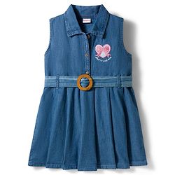 Babyhug Woven Sleeveless Denim Frock With Heart Embroidery & Belt - Blue