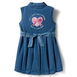 Babyhug Woven Sleeveless Denim Frock With Heart Embroidery & Belt - Blue