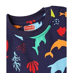 Babyhug Cotton Knit Half Sleeves Sea Life Printed Co-Ords T-Shirt & Shorts Night Suit - Navy Blue