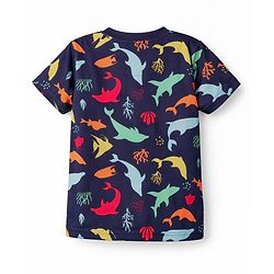 Babyhug Cotton Knit Half Sleeves Sea Life Printed Co-Ords T-Shirt & Shorts Night Suit - Navy Blue