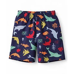 Babyhug Cotton Knit Half Sleeves Sea Life Printed Co-Ords T-Shirt & Shorts Night Suit - Navy Blue