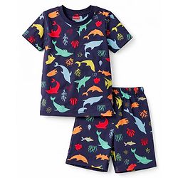Babyhug Cotton Knit Half Sleeves Sea Life Printed Co-Ords T-Shirt & Shorts Night Suit - Navy Blue