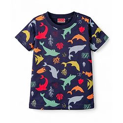 Babyhug Cotton Knit Half Sleeves Sea Life Printed Co-Ords T-Shirt & Shorts Night Suit - Navy Blue