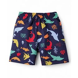 Babyhug Cotton Knit Half Sleeves Sea Life Printed Co-Ords T-Shirt & Shorts Night Suit - Navy Blue