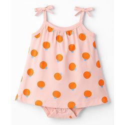 Babyhug 100% Cotton Knit Sleeveless Frock Style Onesie With Orange Print & Headband - Multicolor