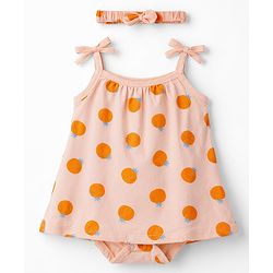 Babyhug 100% Cotton Knit Sleeveless Frock Style Onesie With Orange Print & Headband - Multicolor