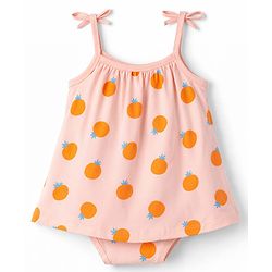 Babyhug 100% Cotton Knit Sleeveless Frock Style Onesie With Orange Print & Headband - Multicolor