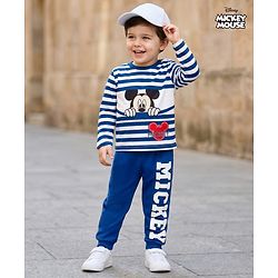 Babyhug Disney Single Jersey Knit Full Sleeves Co-ords T-Shirt & Pajama Night Suit with Mickey Mouse Graphic - Blue