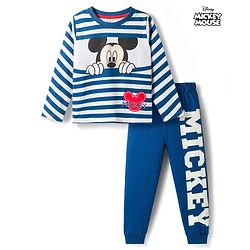 Babyhug Disney Single Jersey Knit Full Sleeves Co-ords T-Shirt & Pajama Night Suit with Mickey Mouse Graphic - Blue