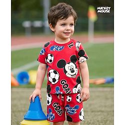 Babyhug Disney Single Jersey Knit Half Sleeves Co-ords T-Shirt & Shorts Night Suit with Mickey Mouse Graphic - Red