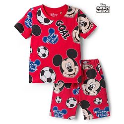Babyhug Disney Single Jersey Knit Half Sleeves Co-ords T-Shirt & Shorts Night Suit with Mickey Mouse Graphic - Red
