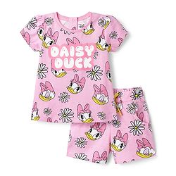 Babyhug Disney Single Jersey Knit Half Sleeves Co-ords T-Shirt & Shorts Night Suit with Daisy Duck Graphic - Pink