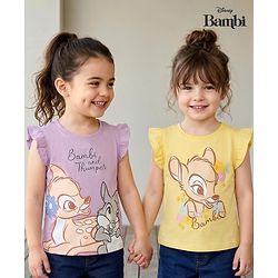 Babyhug Disney Single Jersey Knit Frill Sleeves T-Shirt with Bambi Graphic Pack of 2 - Multicolor