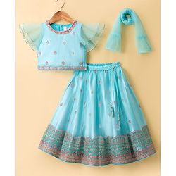 Babyhug Woven Half Flutter Sleeves Choli Lehenga Set with Dupatta & Embroidery - Aqua Blue