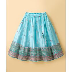 Babyhug Woven Half Flutter Sleeves Choli Lehenga Set with Dupatta & Embroidery - Aqua Blue