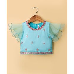 Babyhug Woven Half Flutter Sleeves Choli Lehenga Set with Dupatta & Embroidery - Aqua Blue