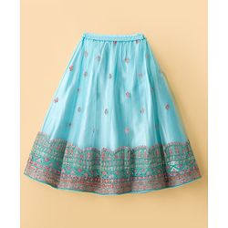 Babyhug Woven Half Flutter Sleeves Choli Lehenga Set with Dupatta & Embroidery - Aqua Blue