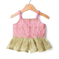 Babyhug Net Woven Sleeveless Lehenga Choli Set With Sequin Detailing & Dupatta - Green & Pink