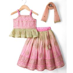 Babyhug Net Woven Sleeveless Lehenga Choli Set With Sequin Detailing & Dupatta - Green & Pink