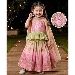 Babyhug Net Woven Sleeveless Lehenga Choli Set With Sequin Detailing & Dupatta - Green & Pink