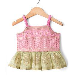 Babyhug Net Woven Sleeveless Lehenga Choli Set With Sequin Detailing & Dupatta - Green & Pink