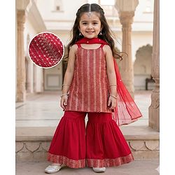 Babyhug Georgette Woven Sleeveless Kurti Gharara Set with Dupatta Embroidery & Sequin Detailing - Red
