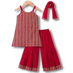 Babyhug Georgette Woven Sleeveless Kurti Gharara Set with Dupatta Embroidery & Sequin Detailing - Red