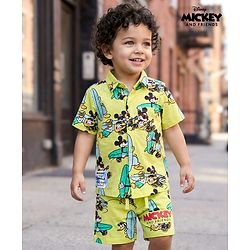 Babyhug Disney Single Jersey Knit Half Sleeves Shirt & Shorts Co-ord Set With Mickey Mouse Graphics - Multicolor