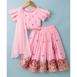 Babyhug Georgette Woven Half Sleeves Lehenga Choli Set With Floral Embroidery & Dupatta - Pink