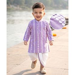 Babyhug Woven Full Sleeves Kurta Dhoti Set with Schiffli Detailing - Lavender