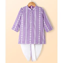 Babyhug Woven Full Sleeves Kurta Dhoti Set with Schiffli Detailing - Lavender