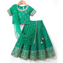 Babyhug Brocade Woven Half Sleeves Lehenga Choli Set With Floral Embroidery Sequin Detailing & Dupatta - Teal Blue