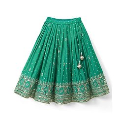Babyhug Brocade Woven Half Sleeves Lehenga Choli Set With Floral Embroidery Sequin Detailing & Dupatta - Teal Blue
