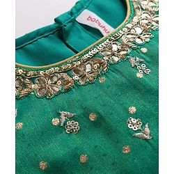 Babyhug Brocade Woven Half Sleeves Lehenga Choli Set With Floral Embroidery Sequin Detailing & Dupatta - Teal Blue