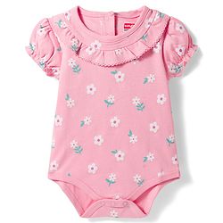 Babyhug 100% Cotton Knit Half Puffed Sleeves Floral Printed Onesie with Hairband - Light Pink