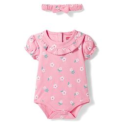 Babyhug 100% Cotton Knit Half Puffed Sleeves Floral Printed Onesie with Hairband - Light Pink