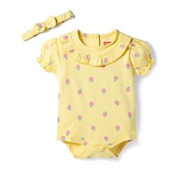 Babyhug 100% Cotton Knit Half Puffed Sleeves Strawberry Printed Onesie with Hairband - Yellow