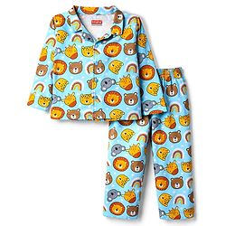 Babyhug Cotton Knit Full Sleeves Shirt & Pyjama Co-ord Night Suit with Animal Print - Light Blue