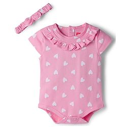 Babyhug 100% Cotton Knit Half Cap Sleeves Onesie with Headband & Heart Print - Pink