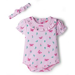 Babyhug 100% Cotton Knit Half Puffed Sleeves Onesie with Headband & Butterfly Print - Pink