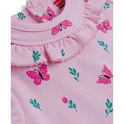 Babyhug 100% Cotton Knit Half Puffed Sleeves Onesie with Headband & Butterfly Print - Pink