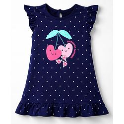Babyhug Cotton Knit Half Sleeves Nighty with Heart & Polka Dot Print - Navy Blue