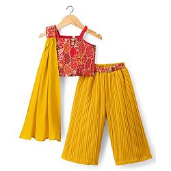 Babyhug Georgette Woven Sleeveless Floral Embroidered Lehenga Choli & Dupatta With Sequin Detailing - Mustard