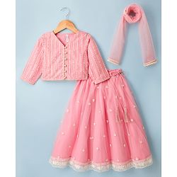 Babyhug Net Woven Three Fourth Sleeves Embroidered Choli Lehenga Set With Dupatta - Peach