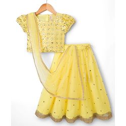 Babyhug Net Woven Half Sleeves Lehenga Choli Set With Sequin Detailing & Dupatta - Yellow