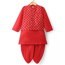 Babyhug Cotton Blend Woven Full Sleeves Kurta Dhoti Set with Polka Dot Printed Nehru Jacket - Red