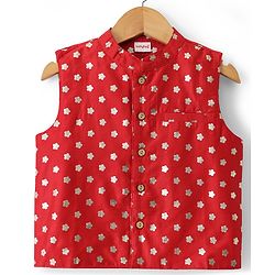 Babyhug Cotton Blend Woven Full Sleeves Kurta Dhoti Set with Polka Dot Printed Nehru Jacket - Red
