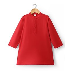 Babyhug Cotton Blend Woven Full Sleeves Kurta Dhoti Set with Polka Dot Printed Nehru Jacket - Red